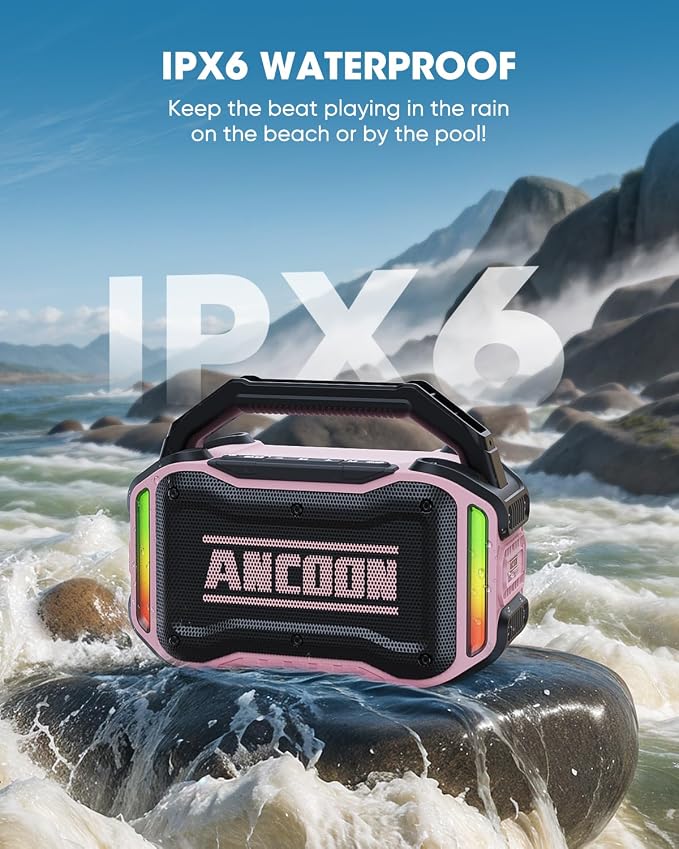 ANCOON Speakers Bluetooth Wireless: 80W(Peak) Loud Speaker with Bass, 20H Playtime, IPX6 Waterproof, Large Jobsite Speakers for Work, Outdoor, Workshop, Garage, Portable Speaker with TWS (Pink) - Image 3
