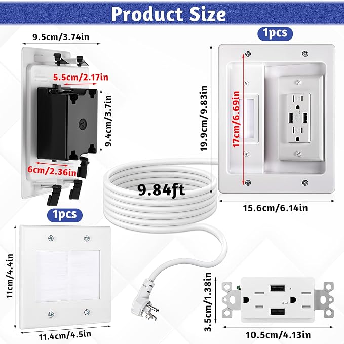 in Wall Cable Management Kit with Brush Wall Plate, AC Outlets & USB Ports | 9.8ft Cord, Recessed Outlet Box, for Walls Mount TV with Cable Management Box, in Walls TV Connection Kit, White - Image 2