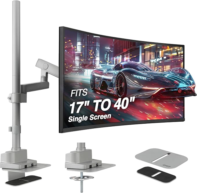 AVLT Single 40 Inch Monitor Arm Pole Top Mount with USB-C&A Ports - Gray | Supports 26.4 lbs (12kg), Ultrawide screen fit, VESA Compatible, Tilt, Swivel, Rotate, Ergonomic adjustable height, Durable by AVLT-USA