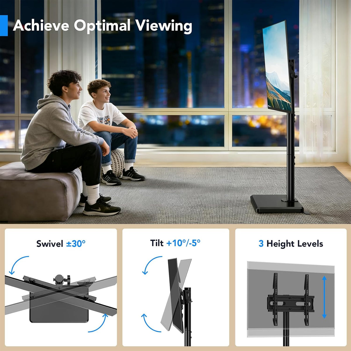 Floor TV Stand with Mount for 26-60 inch TVs up to 77 lbs, Height Adjustable/Swivel/Tilt Tall Standing TV Stand for Bedroom,Dorm, Living Room and Corner,Wood Base Saving Space Design,Black - Image 2