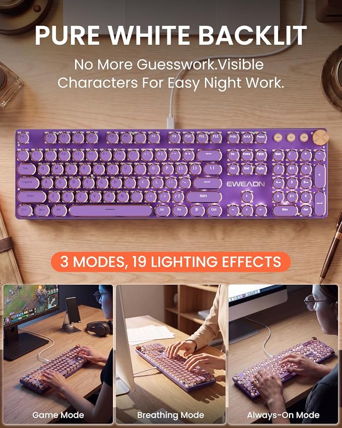 EWEADN Wired Typewriter Mechanical Keyboard, Low Noise Pink Switch Retro Punk Keyboard with Media Knob, White Backlit, Metal Panel, 104-Key Round Keycaps Cute Keyboard for Windows PC -Purple - Image 3