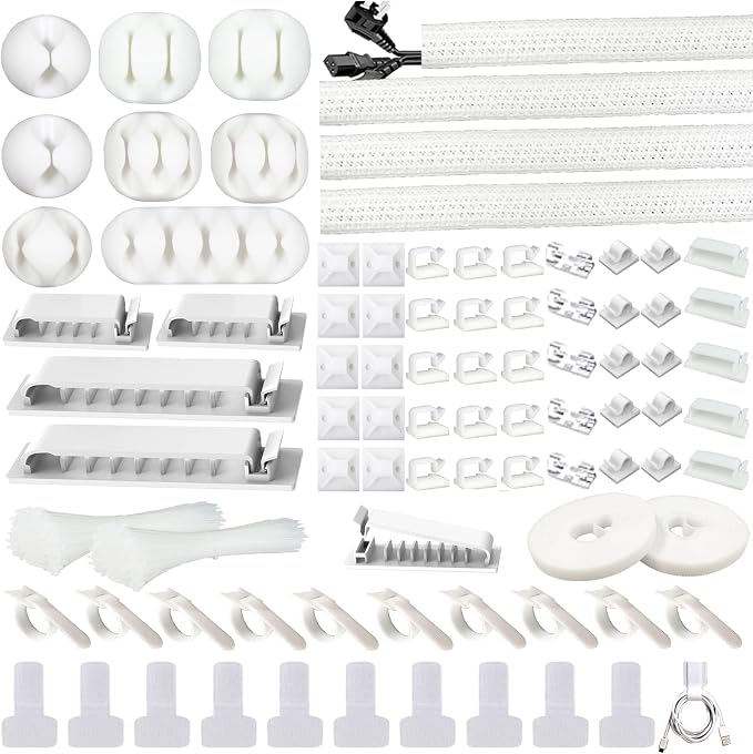 White Cable Management Organizer Kit 4 Cable Sleeve Split 311Pcs | 47Cable Clips 12Cord Clips Holder,22 Cable Ties, 20 adhesive Wall cable Tie, 200Fasten Cable Ties for TV Electronics by DRIVUU
