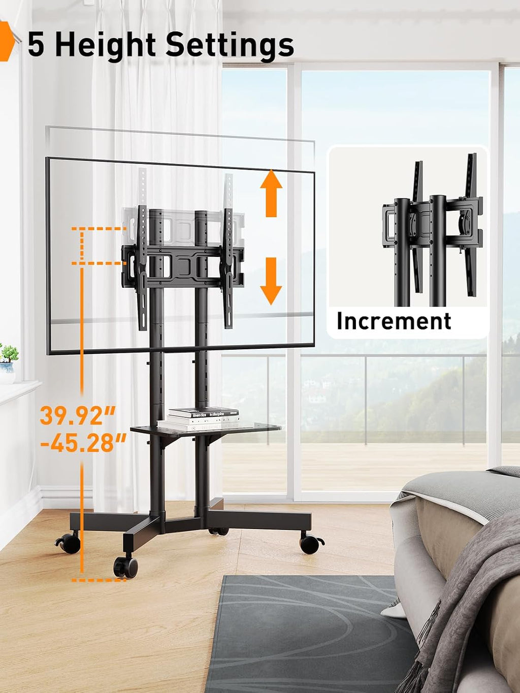 Perlegear Rolling TV Stand, Mobile TV Stand with Wheels for 32-75 inch TVs, Height Adjustable Mobile TV Cart with -15° to +5° Tilt, Rolling Cart for 4K TV Max VESA 400x400mm up to 88lbs, PGTVMC14 - Image 4