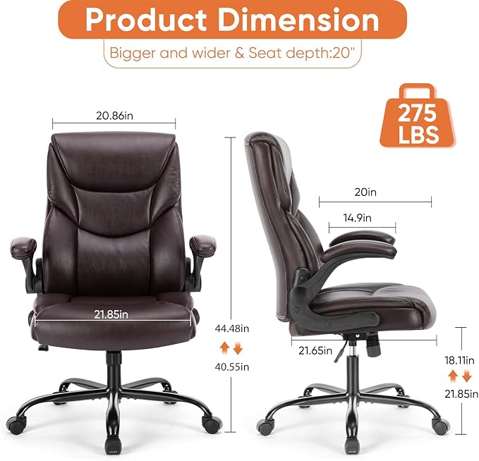 Sweetcrispy Heavy Duty Office Chair, Gaming Desk Chair 2 Pack | Flip-Up Arms, Adjustable Height, PU Leather Swivel Rolling Wheels, Dark Brown - Image 3