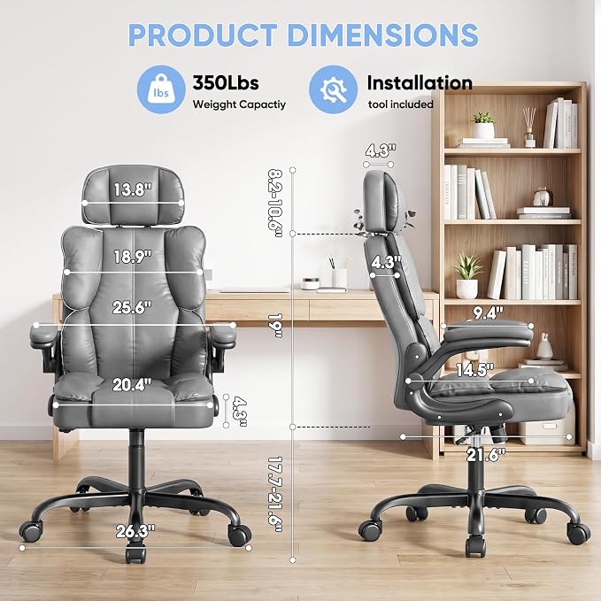 Kensaker Ergonomic Executive Office Chair with Adjustable Headrest & 90° Flip-Up Arms, High Back PU Leather Computer Desk Chair with 135° Rocking & Double Padding for Home Office Comfort, Gray - Image 7