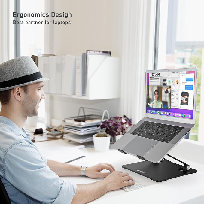 BoYata Laptop Stand, Adjustable Metal Desktop Riser, Up to 15 Inches, Black | Slide-Proof Silicone Pads and Protective Hooks Provide Stable Support for MacBook, Notebooks and Laptops up to 15 Inches - Image 2