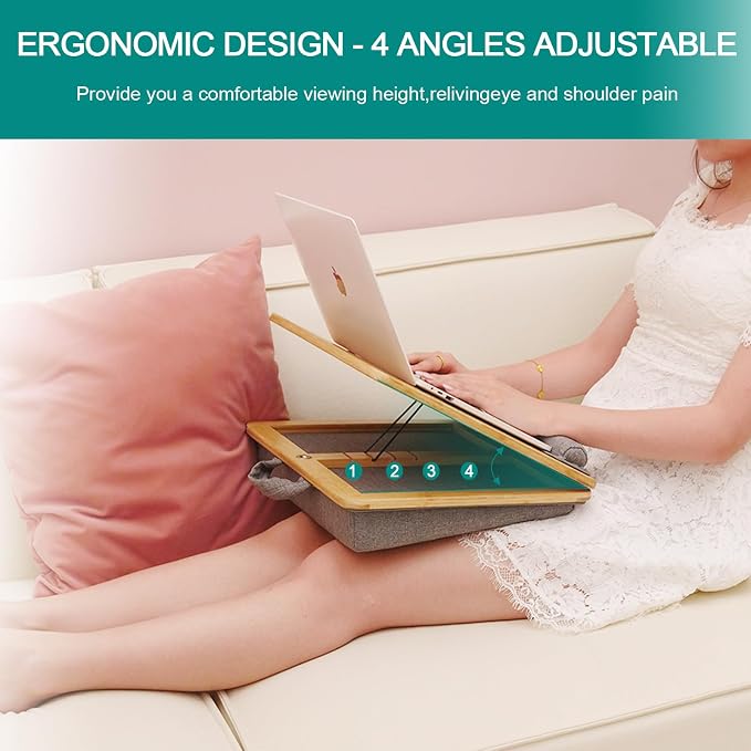 Adjustable Bamboo Lap Desk with Cushion - 5 Tilting Angles Ergonomic Laptop Bed Tray for Computers 15 inches or Less, Phone & Tablet Holder Slot, Dual Bolster for Comfort on Couch, Bed, Sofa & Car - Image 2