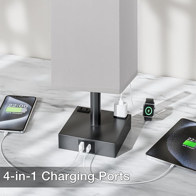 Grey Touch Table Lamp for Bedroom - Dimmable, USB C+A, 2 AC Outlets | 3-Way Dimming, 3000K Bulb Included, Square Grey Lampshade and Black Base, Desk Lamp for Nightstand, Living Room, Dorm - Image 4