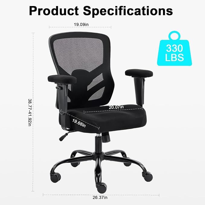 YFO Ergonomic Office Chair, Mesh Computer Desk Chair with Adjustable Back Lumbar Support and Armrests, Comfy Executive Rolling Swivel Task Chair for Home Office, Black - Image 3