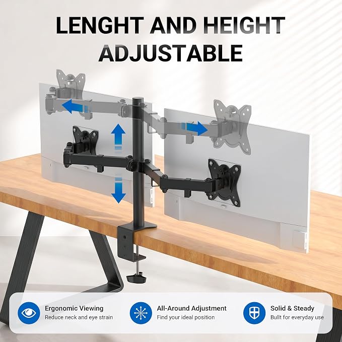 GRIFEMA Monitor Mount for 13-32 in, Dual Monitor Arm, Up to 19.8 Lbs Each | Full Motion Adjustable Height, 360° Rotate, Tilt, Swivel, Easy Install, VESA 75/100 mm, Monitor Stand for Home Office Gaming - Image 4