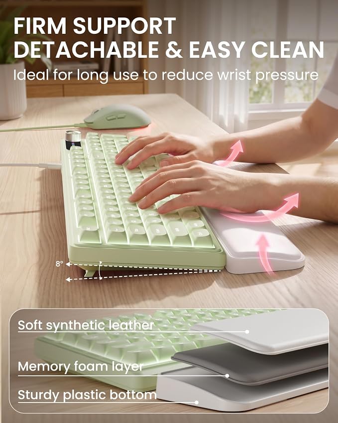 EWEADN Wired Keyboard and Mouse Combo with Detachable Wrist Rest, Quiet Ergonomic Keyboard Mouse Set with Multimedia Knob, RGB Backlit, Double-Shot Keycaps Natural Typing for Laptop, PC - Green - Image 2