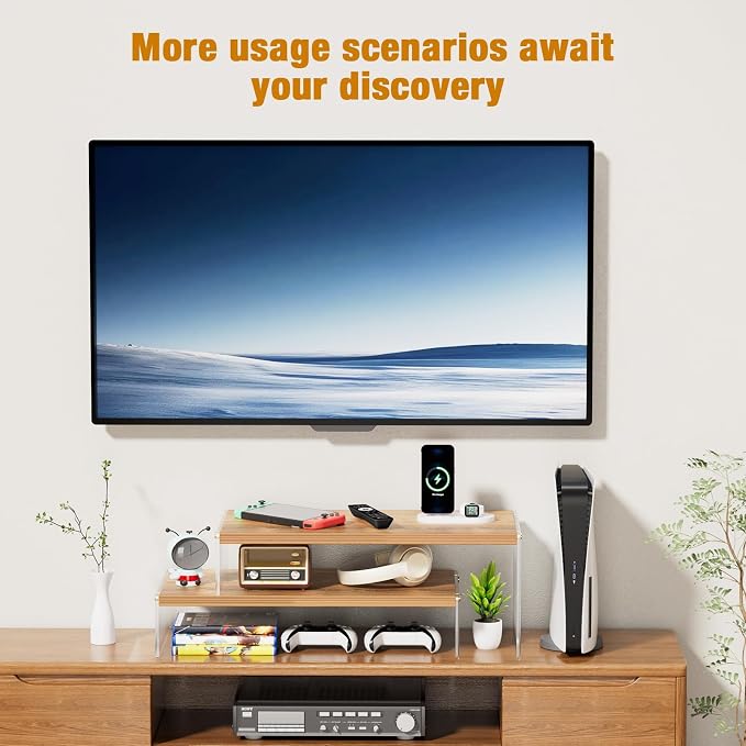 YGYQZ Adjustable Monitor Stand Riser, 7.67"×15.74" Dual Monitor Desk Stand | Adjustable Monitor Riser, Expandable Desk Organizer, 2-Tier Storage, Acrylic Legs, Ergonomic Workspace, Wood Wavy - Image 8