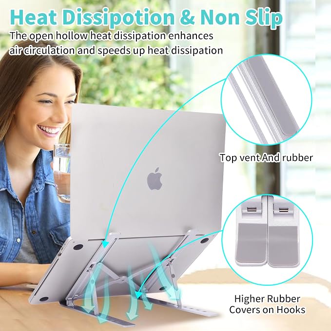 Laptop Stand for Desk, Aluminum Metal MacBook Stand, Computer Riser for Desk, Portable Foldable Adjustable Notebook Holder, Compatible with 10-15.6 Inch Laptops, iPad, Black. - Image 9