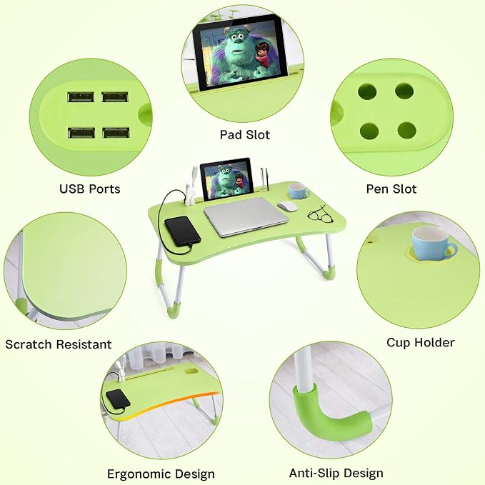 Slendor Foldable Lap Desk with Cup Holder for Bed, Couch, Floor | Portable,with USB Light, Fan, Pen Holder,Tablet Holder,for Laptop,Writing,Eating, Green - Image 4