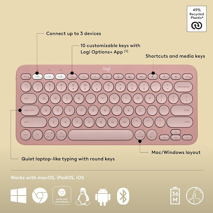 Logitech Pebble Keys 2 K380s Keyboard, Bluetooth, Wireless - Tonal Rose | Multi-device, customizable shortcuts, slim and portable, Easy-Switch for Windows, macOS, iPadOS, Android, Chrome OS - Image 6