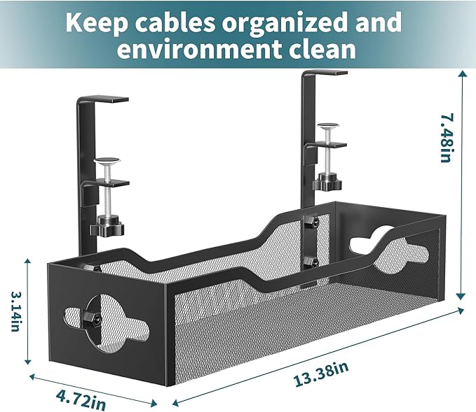 Under Desk Cable Management Tray No Drill, Metal Mesh Cable Management Under Desk with Clamp Mount, 2 Hole Cable Tray with Wire Management and Cord Organizer for Home Office Standing Desk - Image 7