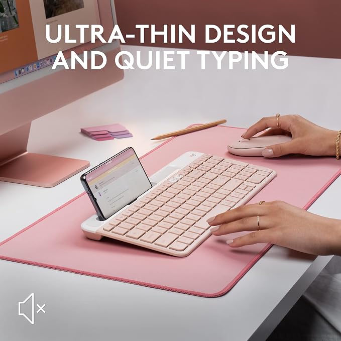 Logitech K585 Slim Wireless Keyboard with Built-in Phone Cradle - Rose | Bluetooth with included USB receiver, connects 2 devices, cradle can hold smartphone or tablet up to 10 in. in landscape mode - Image 5