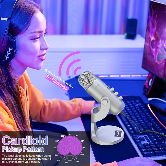 ZealSound Podcast Microphone for PC, Noise Cancellation USB Mic with Gain, Volume Adjustment & Mute Button, Monitoring & Echo, for YouTube, TikTok, Podcasting, Streaming, iPhone, iPad, Android(Silver) - Image 4