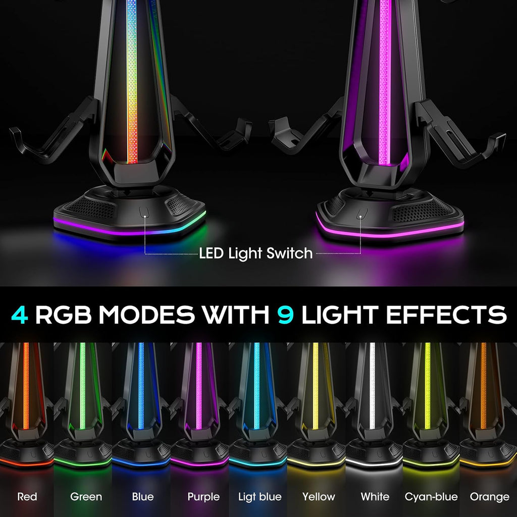 Saitake RGB Controller Holder with 9 Light Modes,Controller Stand with 2 USB Ports,Headset Stand for Desk-Headphone Holder Suitable for Xbox PS4 5 Switch Controllers Gaming Room Deco - Image 5