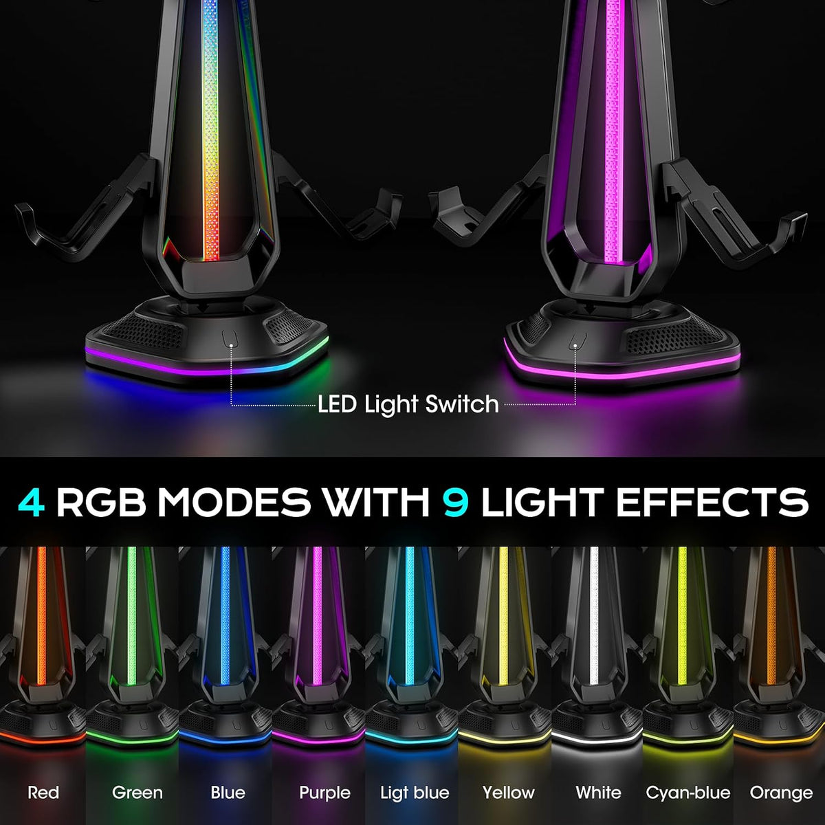 Saitake RGB Controller Holder with 9 Light Modes,Controller Stand with 2 USB Ports,Headset Stand for Desk-Headphone Holder Suitable for Xbox PS4 5 Switch Controllers Gaming Room Deco - Image 5