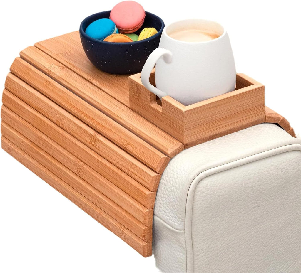 Sofa Arm Tray Table with Cup Holder, Bamboo Couch Armrest Organizer for Remote, Phone, Snacks, Foldable Non-Slip Couch Arm Table Fits Most Sofas, Couches and Recliners by Generic