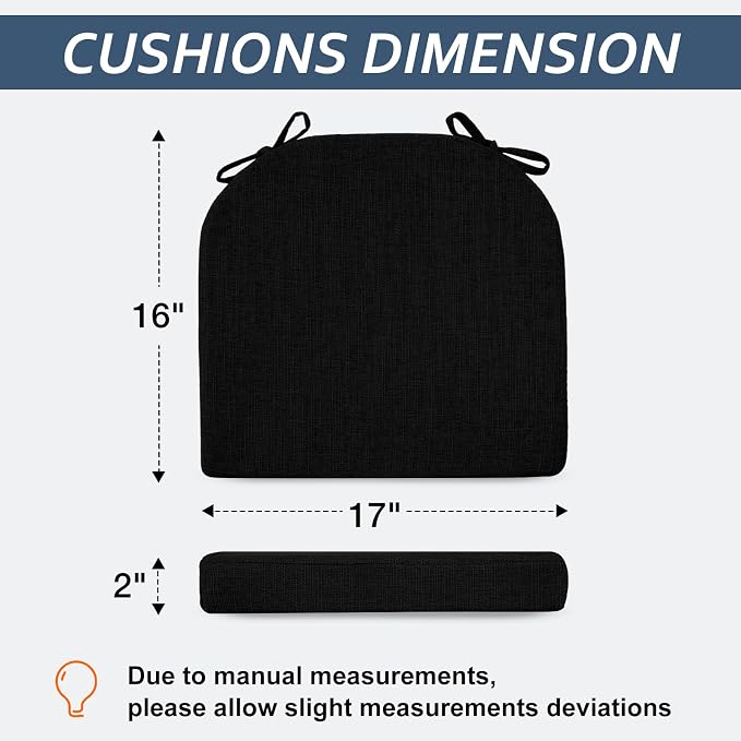 Basic Beyond Chair Cushions for Dining Chairs with Ties and Removable Cover, 2" Thick Seat Cushions for Kitchen Chairs, Set of 6, 17" x 16", Black - Image 2