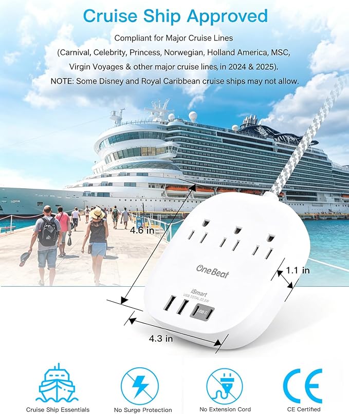 Cruise Ship Travel Essentials, 3Ft Short Extention Cord, 22.5W/4.5A, White | 3 Outlets 4 USB Ports (2 USB C) Cruise Approved Power Strip Flat Plug No Surge Protection, Dorm Room Desktop Charging Station - Image 4