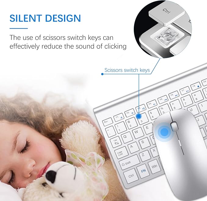 Wireless Keyboard and Mouse Ultra Slim Combo, TopMate - Silver White | 2.4G Silent Compact 2400DPI Mouse and Scissor Switch Keyboard Set with Cover, Batteries Included, for PC/Laptop/Windows/Mac - Image 2
