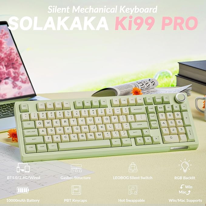 SOLAKAKA KI99 Pro Wireless Mechanical Keyboard Quiet Switch,Hot Swappable Pre-Lubed Switches Silent Keyboard with RGB Backlit,Gasket Structure Computer Gaming Keyboards(GreenWhite, Silent Switch) - Image 2