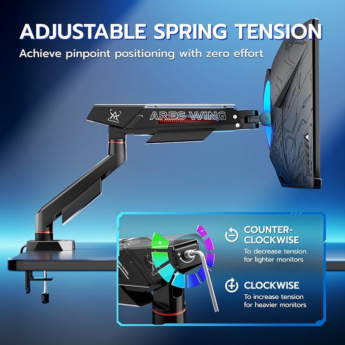 ARES WING 17-40 Inch Heavy Duty Single Monitor Arm with USB, Black | Fully Adjustable Monitor Mount for Flat Curved Ultrawide Screens Up to 26.5lbs, C-Clamp & Grommet Base, 75/100 Vesa Mount - Image 7