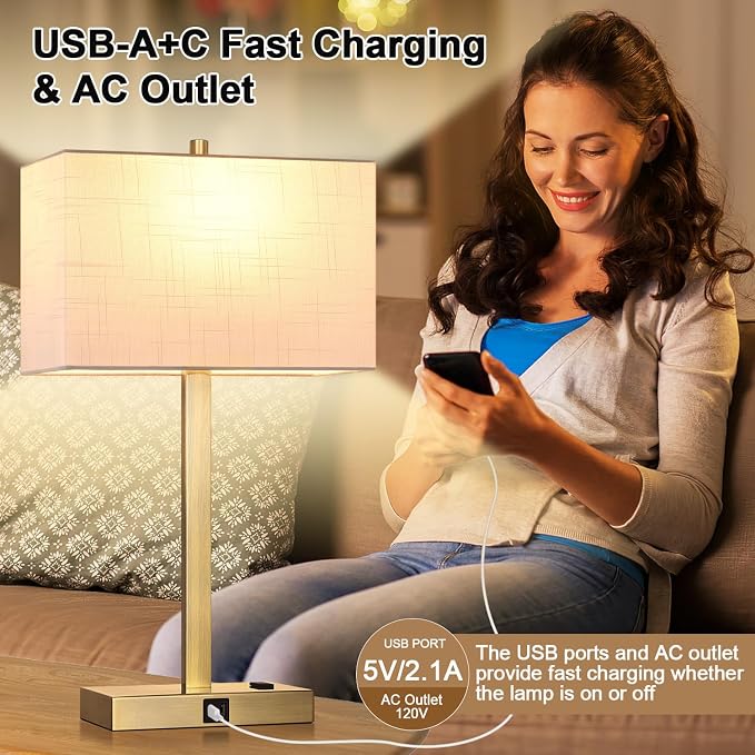 21" Touch Bedside lamps with 2 USB & AC Outlets, 3-Way Dimmable Bedside Table Lamps Set of 2 for Bedroom Living Room Office Reading, White Shade Lamps for Night Stands, 2700K LED Bulbs Included - Image 7