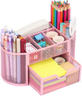 EOOUT Pink Desk Organizer Mesh Pencil Holder 8 Compartments 1 Drawer | Pink Desk Accessories, 8 Compartments, Pull-Out Drawer, for Pens Pencils Scissors Notes, School and Office Supplies by EOOUT