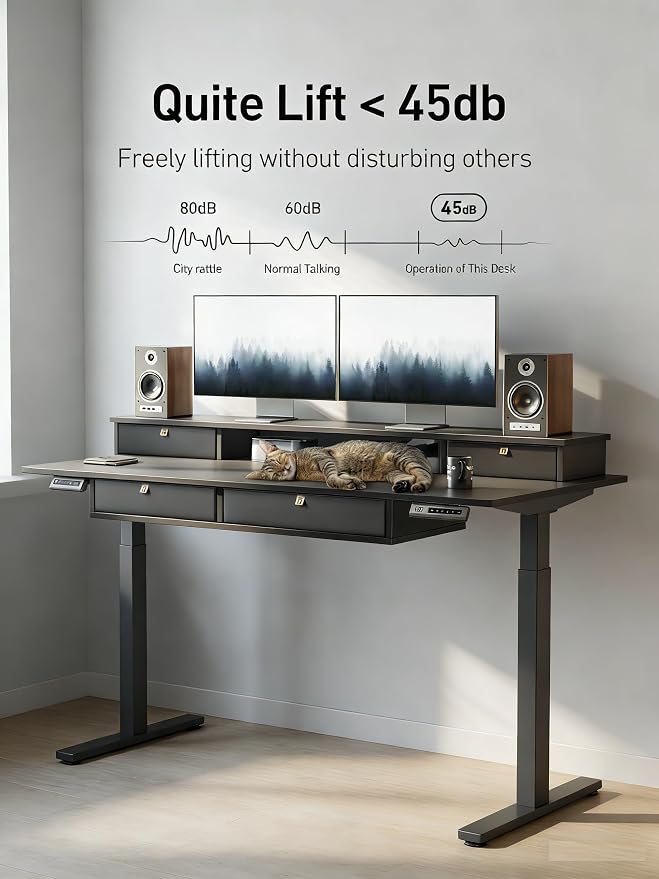 CubiCubi 60" x 30" Standing Electric Desk with Drawers, Black | Height Adjustable Workstation, Computer Sit Stand Up Office Table with Large Storage Shelf, 4 Drawers and 2 Hooks - Image 7