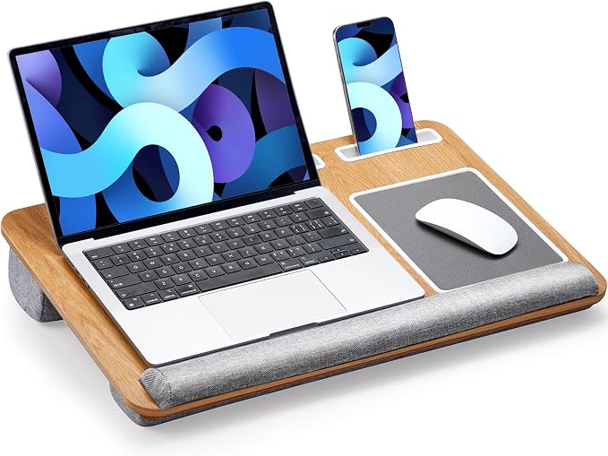 HUANUO Lap Desk - Fits up to 17 inches Laptop Desk, Built in Mouse Pad & Wrist Pad for Notebook, Laptop, Tablet, Lap Stand with Tablet, Pen & Phone Holder, Wood Grain - Image 8
