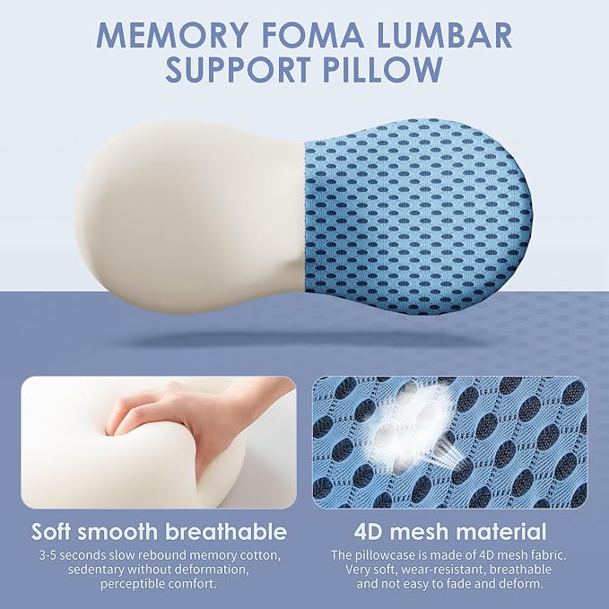 kasney Lumbar Support Pillow for Office Chair, Back Support Pillow, Blue | Memory Foam Lumbar Pillow for Low Back Pain Relief, Ergonomic Streamline Car Seat, Office Chair, Recliner and Bed - Image 2