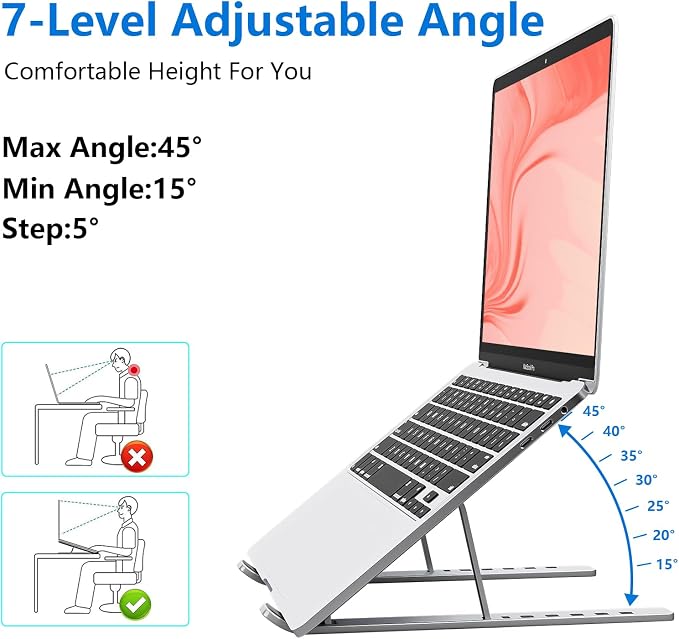 Laptop Stand for Desk, Aluminum Metal MacBook Stand，Computer Riser for Desk, Portable Foldable Adjustable Notebook Holder, Compatible with 10-15.6 Inch Laptops, iPad, Silver. - Image 3