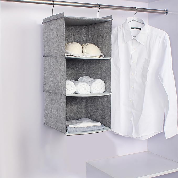 Hanging Closet Organizer 3-Shelf, Oxford Linen Wardrobe Storage, Gray | Easy-mount foldable design holds clothes, handbags, shoes & accessories; washable Oxford fabric, sturdy and space-saving. - Image 2