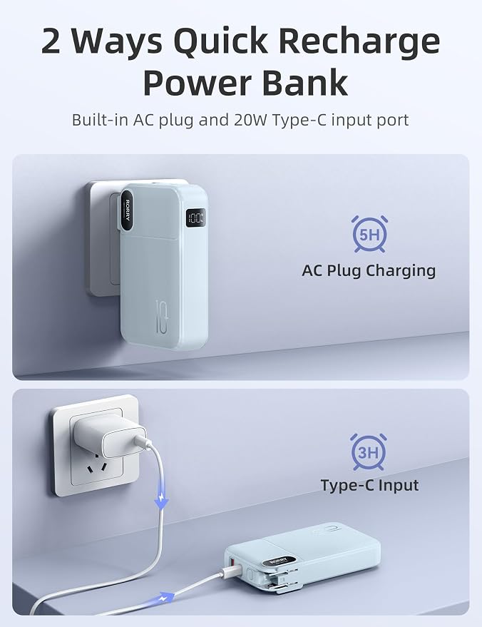 RORRY Portable Charger w/Wall Plug 10000mAh Power Bank 22.5W Battery Pack | Built in Cables, Fast Charging, for iPhone, iPad, Samsung Galaxy, Pixel, LG, Travel Essential, Digital Display, Pocket Size - Image 8