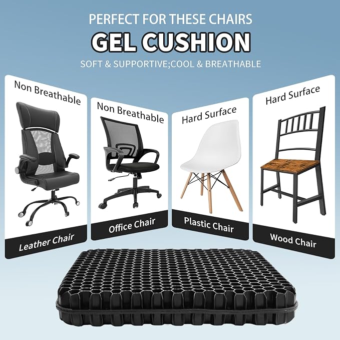 Gel Seat Cushion for Long Sitting - 16.5" x 14.5" x 2.4" (Extra Thick＆Soft) | Zero Gel Cushions for Pressure Relief, Honeycomb Gel Seat Cushion, Ergonomic Silicone Seat Cushion for People Over 180 lbs - Image 5