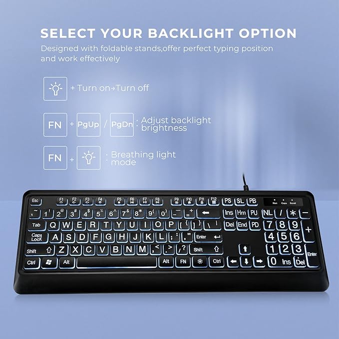 KOPJIPPOM Large Print Backlit Keyboard, USB Wired Computer Keyboard, Full Size Keyboard with White Illuminated LED Compatible for Windows Desktop, Laptop, PC, Gaming, Black - Image 4