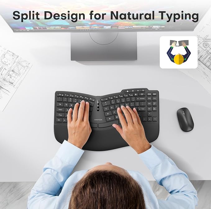 OMOTON Ergonomic Wireless Split Keyboard Compatible with Windows only, Cushioned Wrist Rest, Rechargeable, USB Connectivity, 2.4G Membrane Silent Keyboard, Classic Black - Image 4