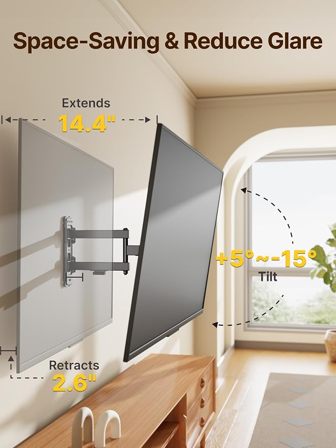 monTEK Full Motion TV Wall Mount for 13-55 Inch TVs up to 55 lb | ±90° swivel, landscape/portrait rotation and 14.4 in extension; 4X load tested, VESA 75x75 to 400x400 mm, single-stud mount - Image 6