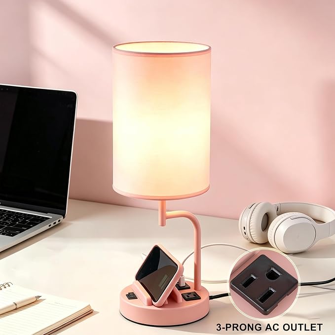 Dreamholder 2 Pack Table Lamp, Bedside Lamp with 3 USB Charging Ports & AC Outlet, USB Desk Lamp with 2 Phone Holders, Linen Fabric Shade Nightstand Lamps for Bedroom Living Room Office, Pink - Image 4