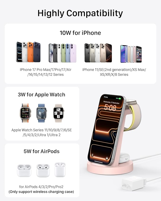 Anlmz 3 in 1 Charging Station for iPhone, Wireless Charger for iPhone 17 16e 16 15 14 13 12 11 X Pro Max & Apple Watch - Charging Stand Dock for AirPods (Pink) - Image 4