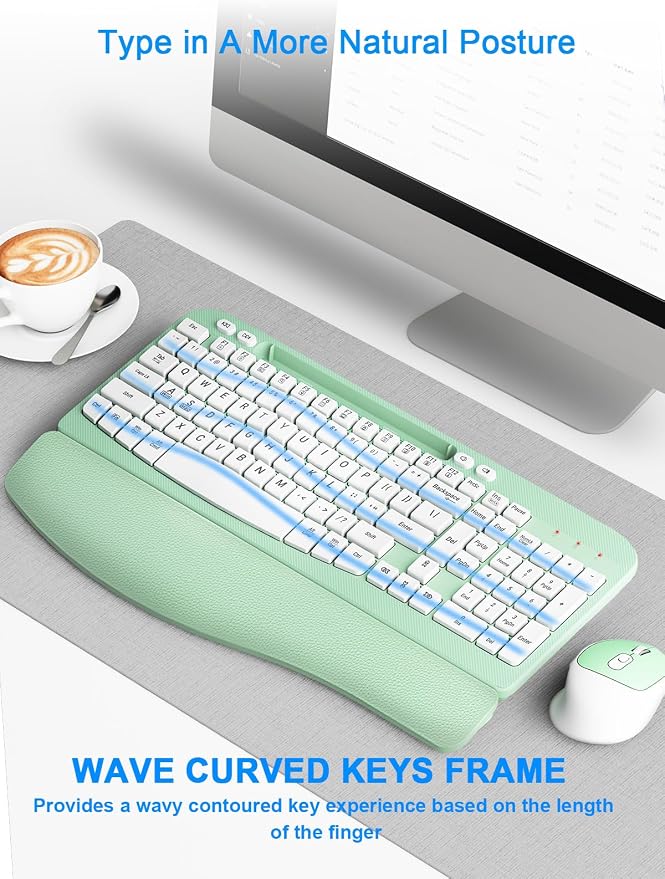 Hayyiesh Ergonomic Wave Keys Wireless Keyboard and Mouse Combo, Full Size with Memory Foam Wrist Rest & Phone Holder, 2.4G Cordless Set with USB-C Adapter for Windows Mac Desktop Laptop (Mint Green) - Image 6