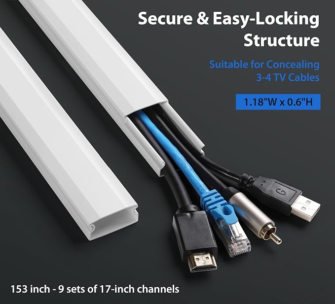 153in Wall Cable Hider, Cord Hider to Hide 3-4 Cords, TV Wire Hider for Wall, Cable Management Kit, Cable Raceway White, Paintable Cable Concealer, 9 x L17in x W1.18in x H0.6in - Image 2