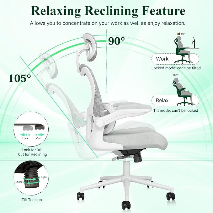 SUNNOW Ergonomic Office Chair, Comfy Mesh Desk Chair, High Back Computer Gaming Chairs with Adjustable Lumbar Support, Flip-Up Arms, Headrest, Tilt Function, Wide Cushion, Swivel Rolling Wheel (Grey) - Image 8