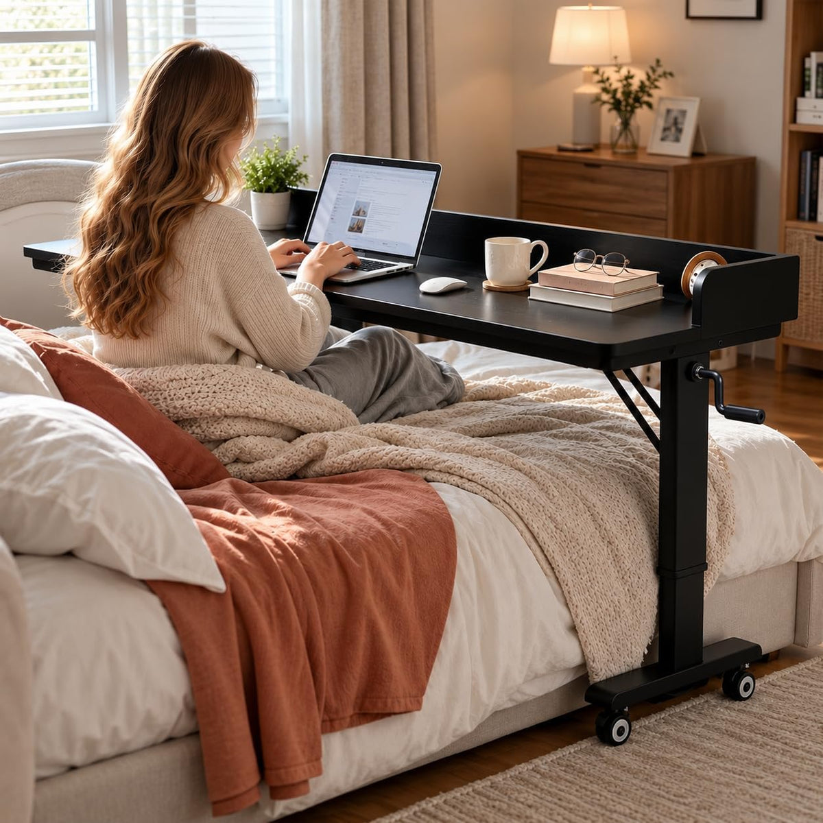 70.9" Overbed Table with Wheels, Hand Crank Height Adjustment - Image 7