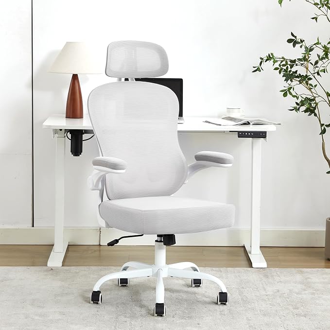 Ergonomic Office Chair,Ultra Thick Spring Cushion Desk Chair,Grey | Adjustable Lumbar Support and Headrest,Flip-up Arms,Rocking Function,Mesh Home Office Computer Chair - Image 7