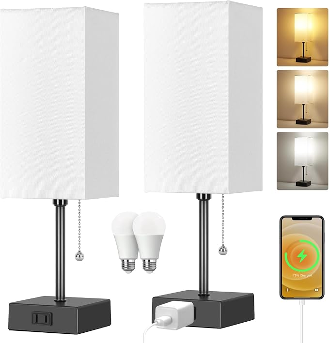 Table Lamp for Bedroom Set of 2,Minimalist Bedside Lamps with AC Outlets | Small Night Light Lamp 2700K 4000k 5000K Small Nightstand Lamps for Living Room Kids Room Office(Bulbs Included) by DottArts